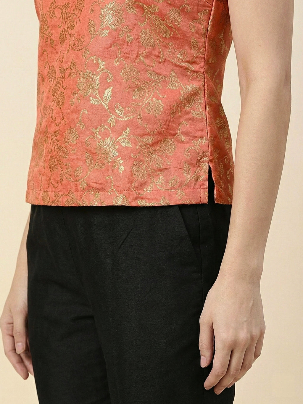 Coral Banarasi Jacquard Sleeveless Top with lining