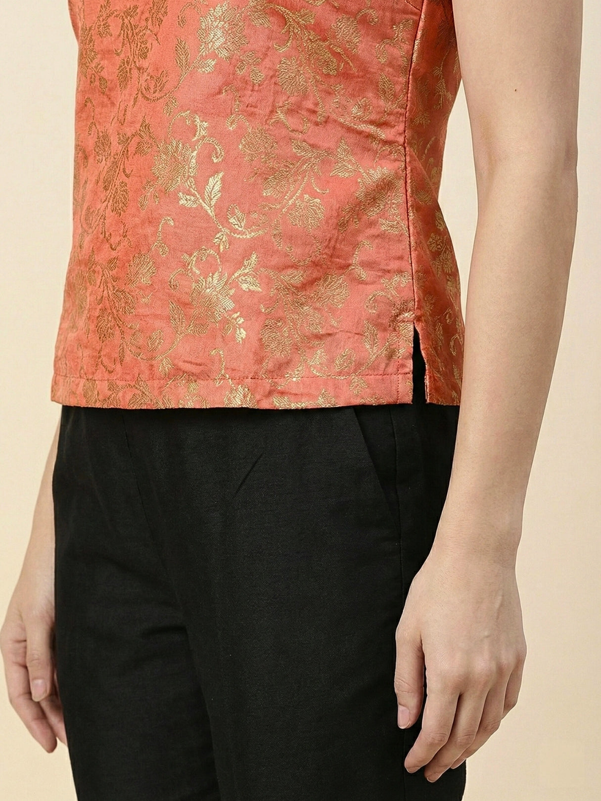 Coral Banarasi Jacquard Sleeveless Top with lining