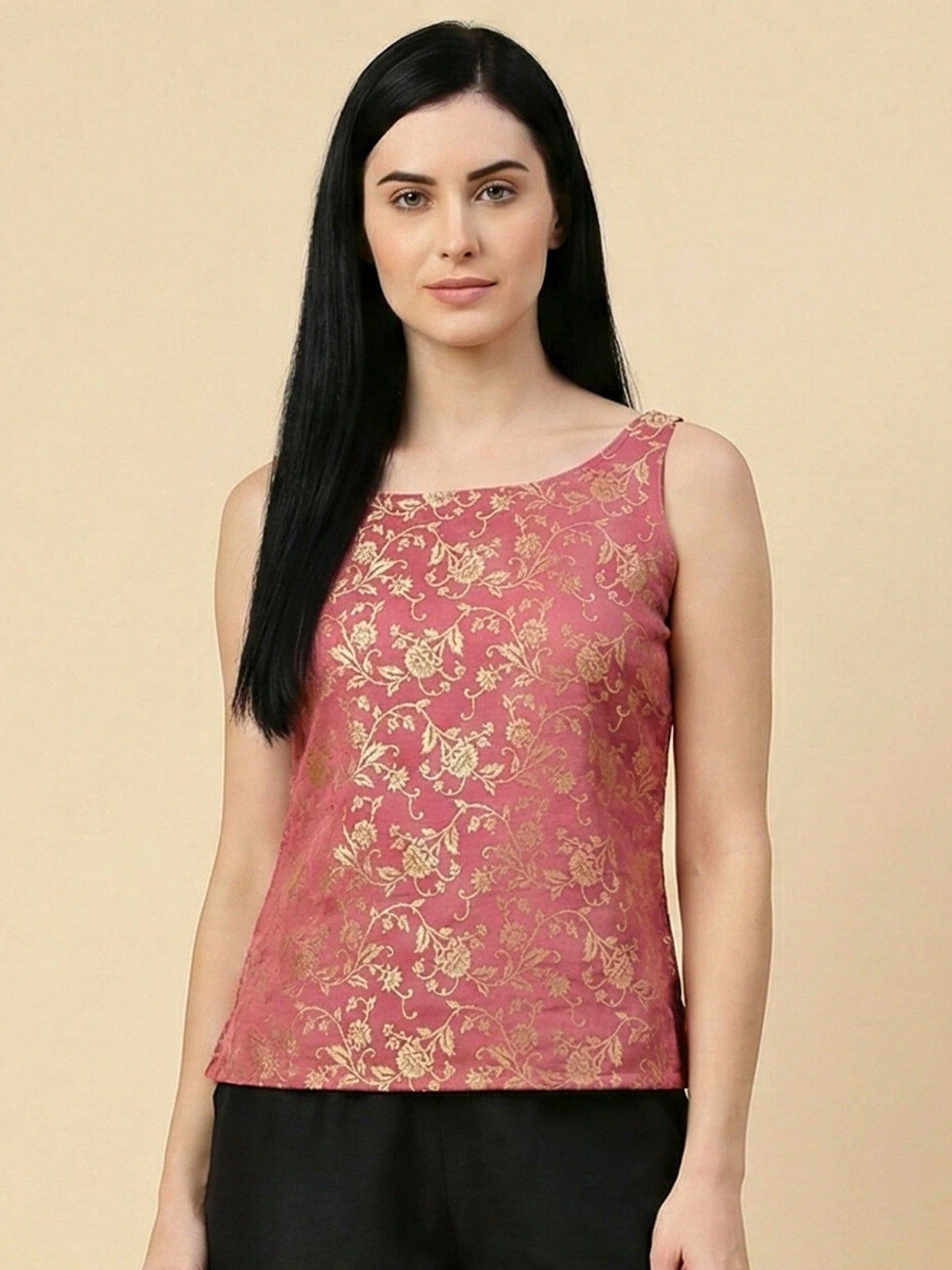 Pink Banarasi Jacquard Sleeveless Top with lining
