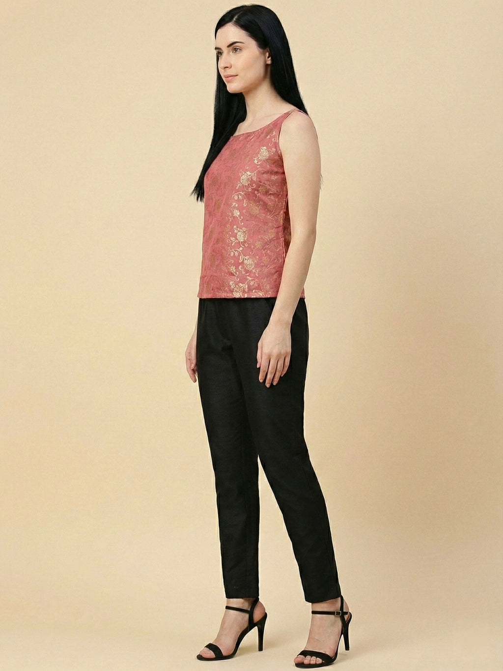 Pink Banarasi Jacquard Sleeveless Top with lining