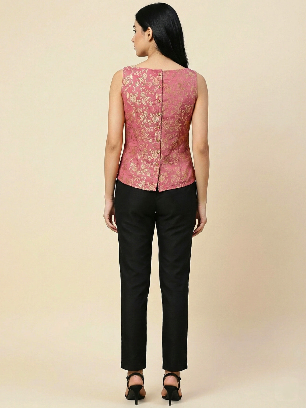 Pink Banarasi Jacquard Sleeveless Top with lining