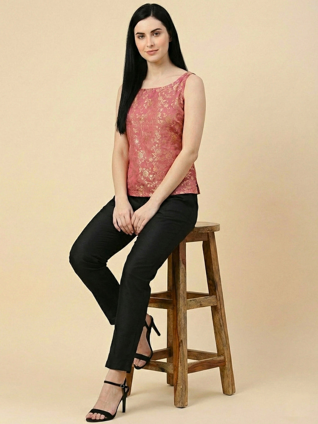 Pink Banarasi Jacquard Sleeveless Top with lining