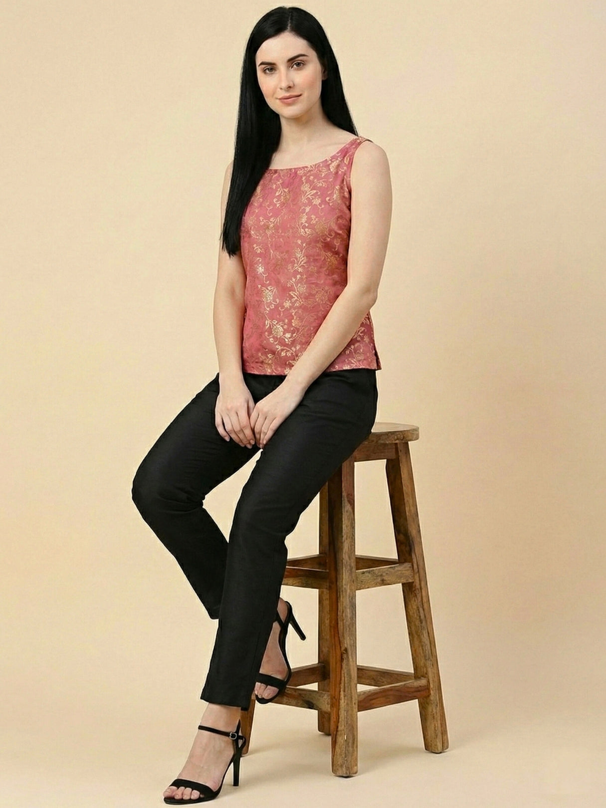 Pink Banarasi Jacquard Sleeveless Top with lining