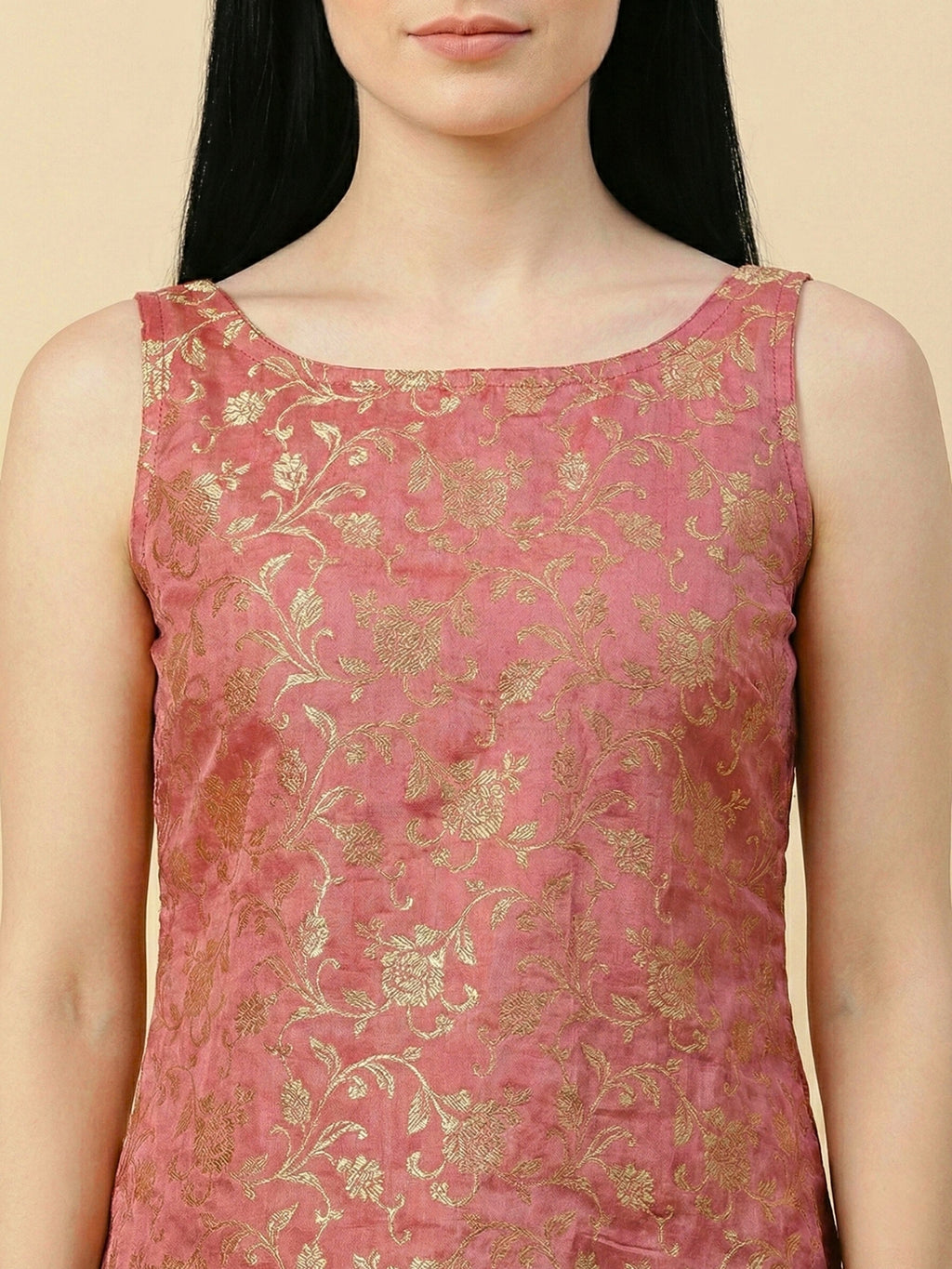 Pink Banarasi Jacquard Sleeveless Top with lining