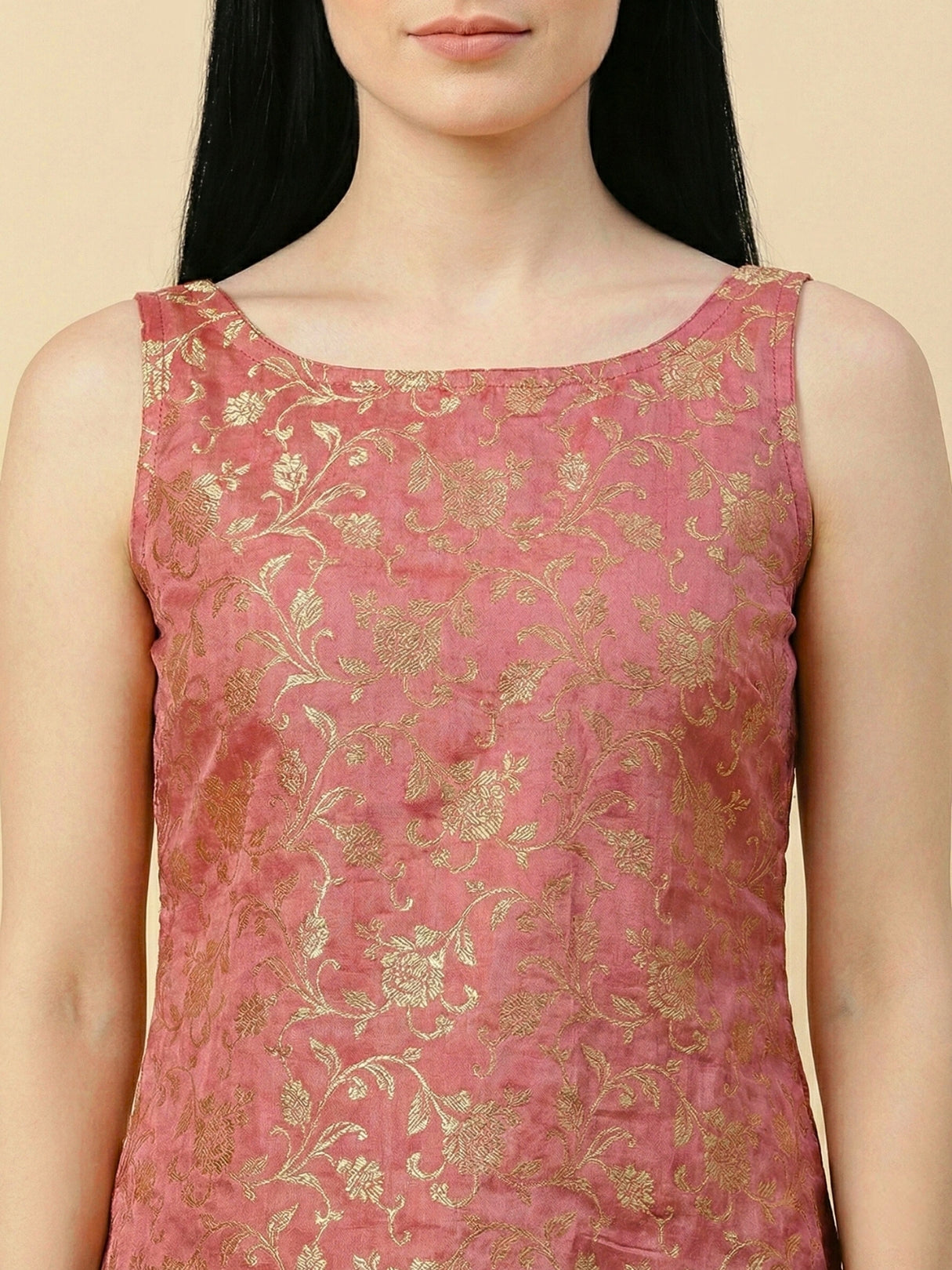 Pink Banarasi Jacquard Sleeveless Top with lining