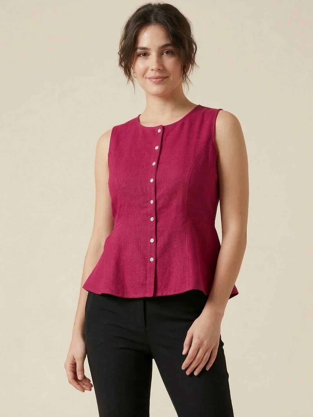 Fuschia Cotton Flax Panelled A-Line Top with Button-Down Placket