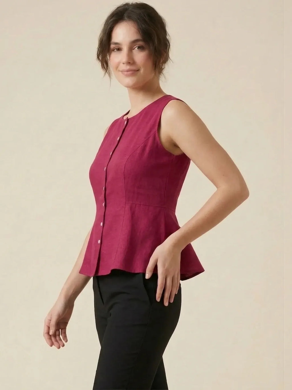 Fuschia Cotton Flax Panelled A-Line Top with Button-Down Placket