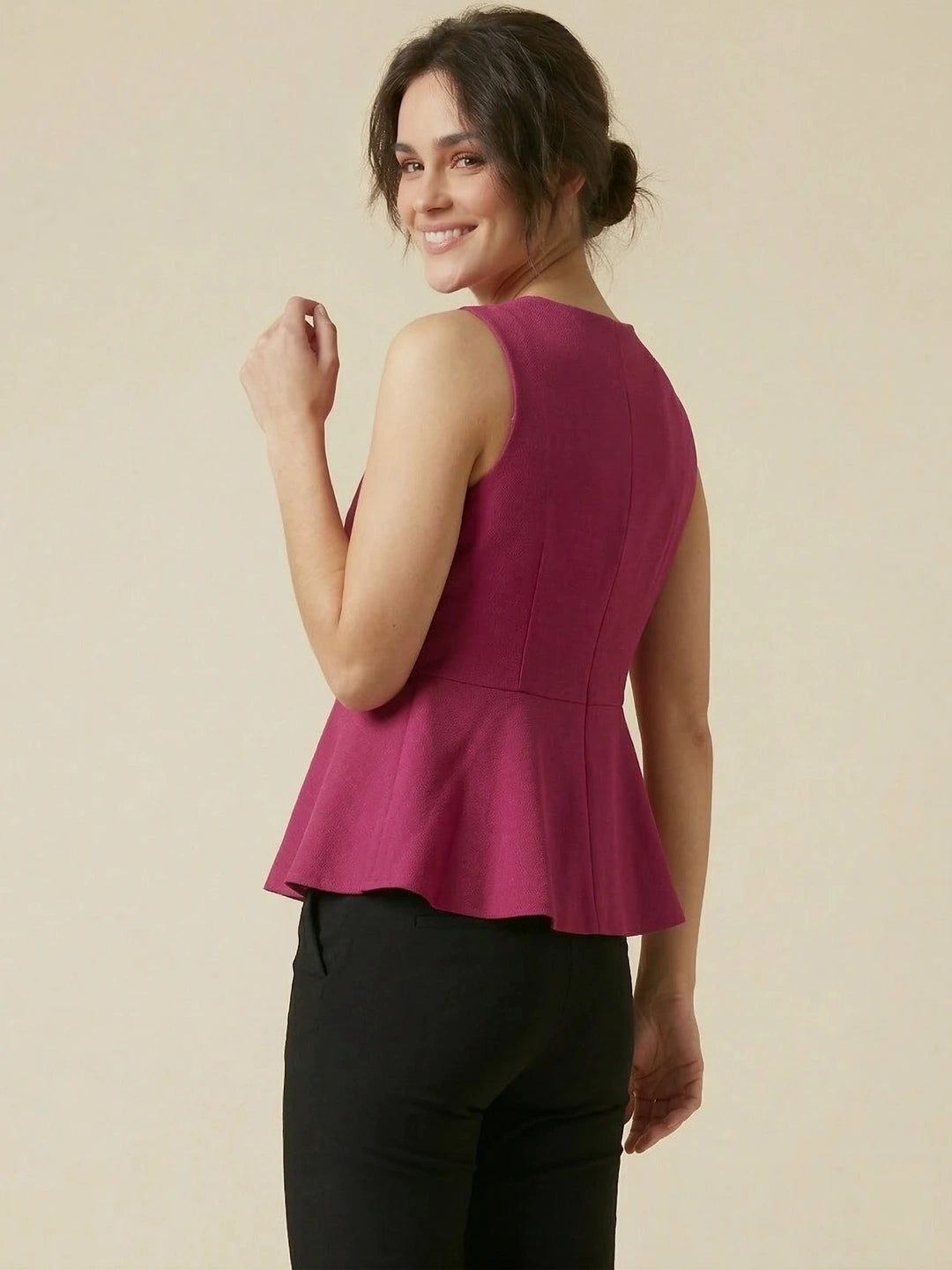 Fuschia Cotton Flax Panelled A-Line Top with Button-Down Placket