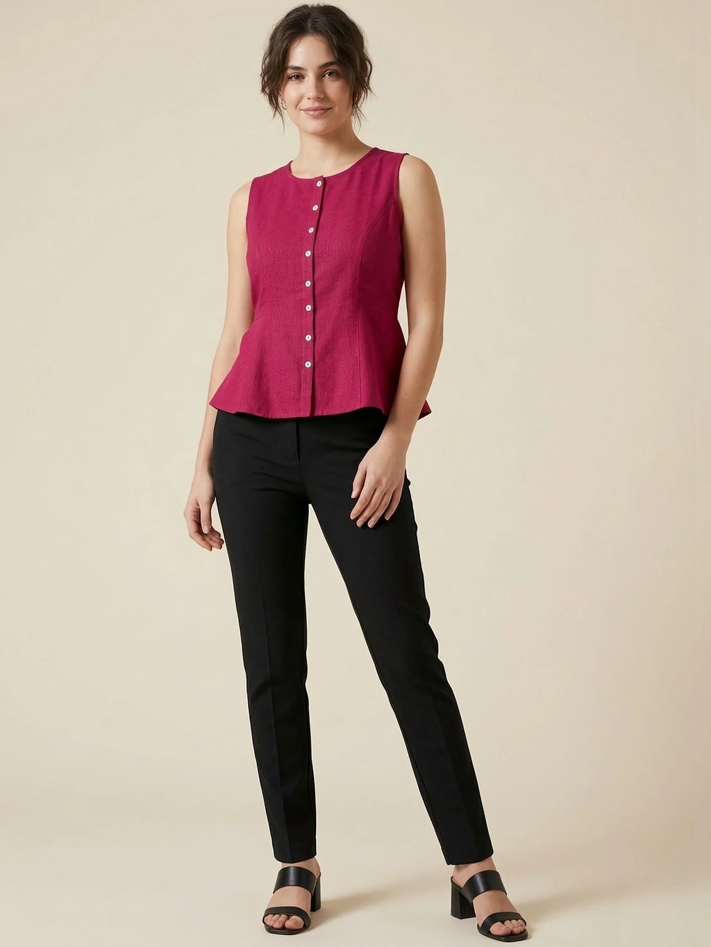 Fuschia Cotton Flax Panelled A-Line Top with Button-Down Placket