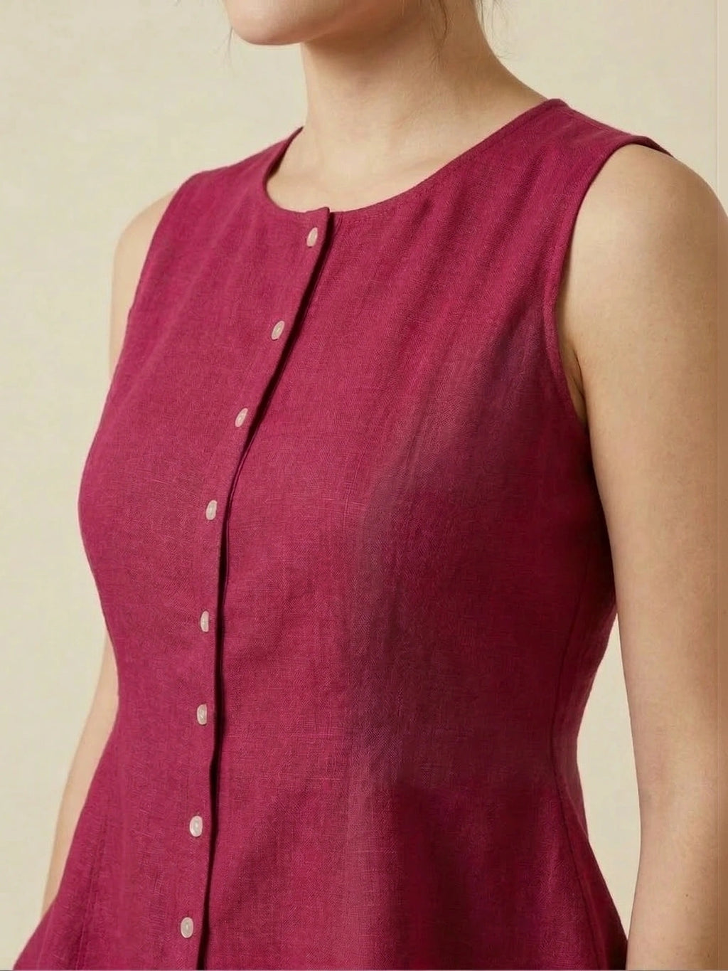 Fuschia Cotton Flax Panelled A-Line Top with Button-Down Placket
