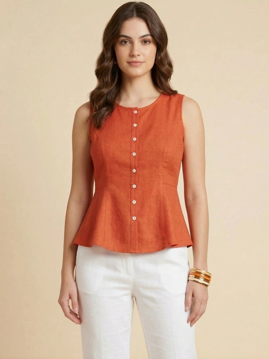 Rust Cotton Flax Panelled A-Line Top with Button-Down Placket