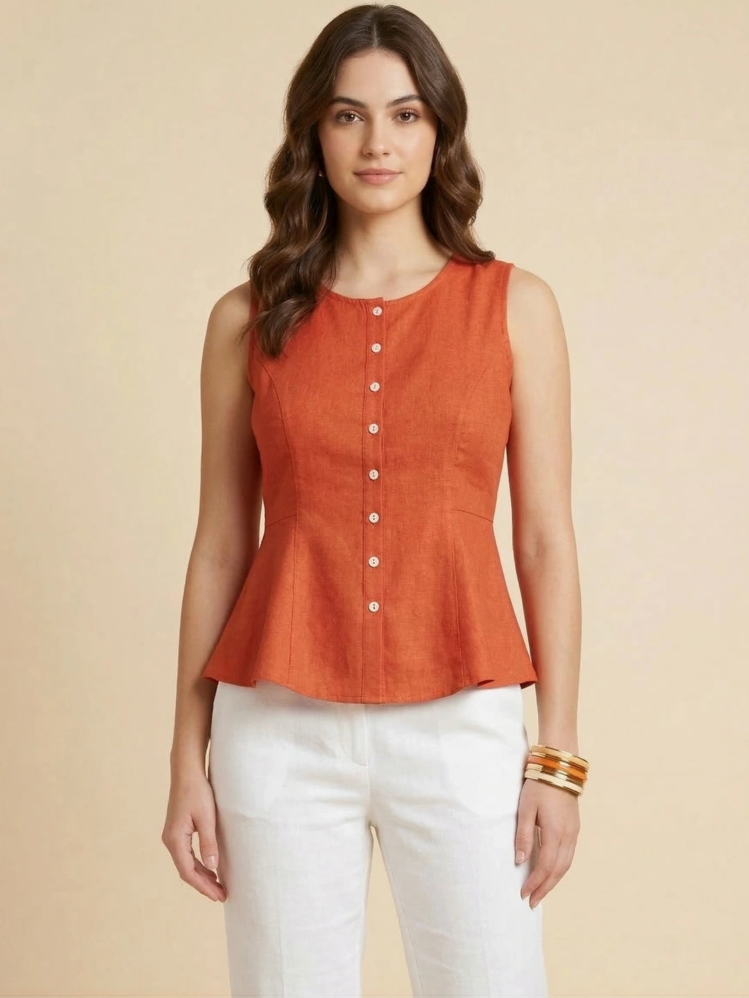 Rust Cotton Flax Panelled A-Line Top with Button-Down Placket