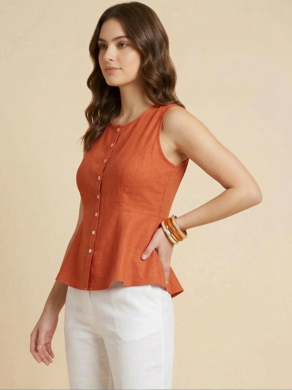 Rust Cotton Flax Panelled A-Line Top with Button-Down Placket