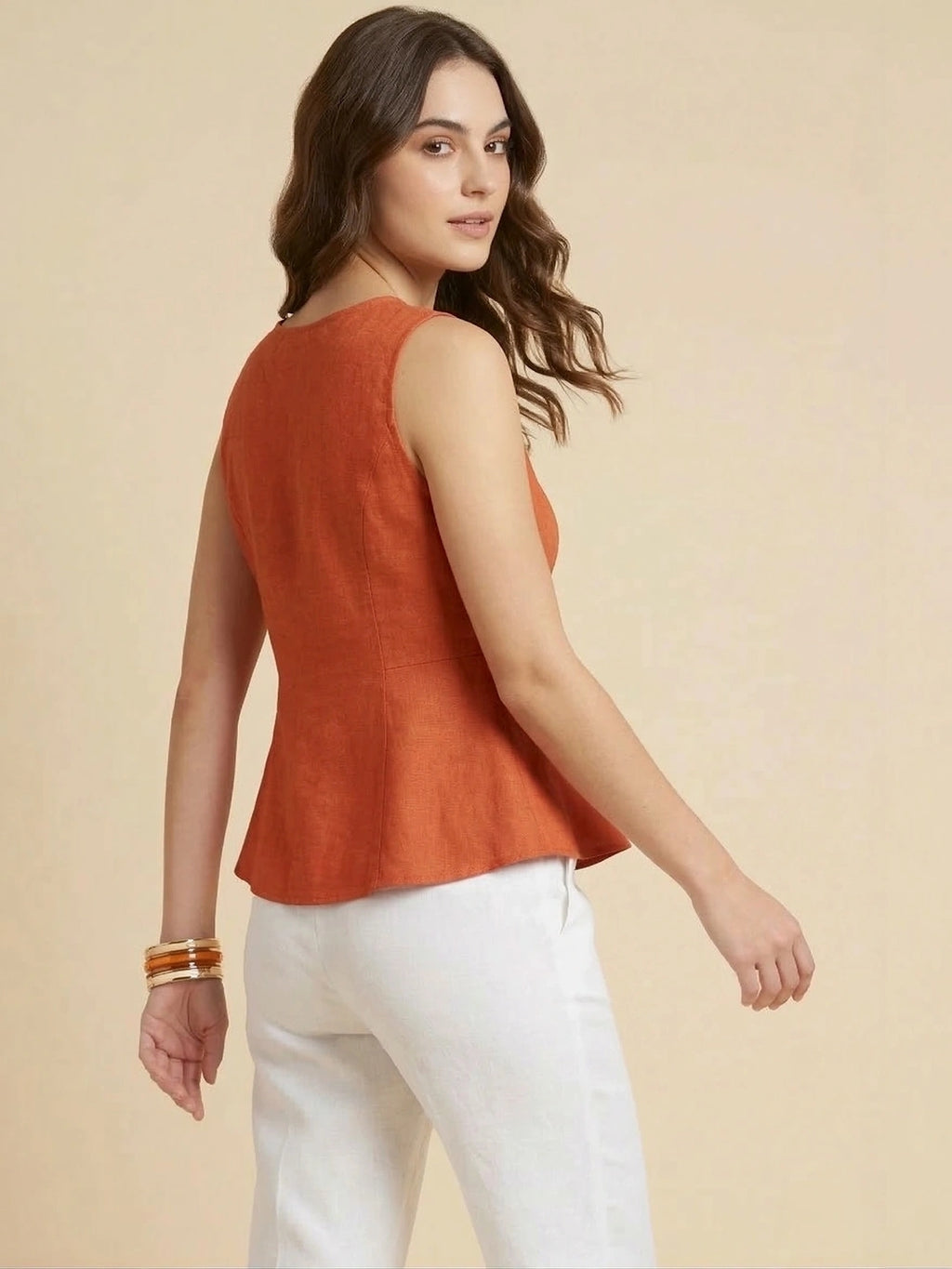 Rust Cotton Flax Panelled A-Line Top with Button-Down Placket