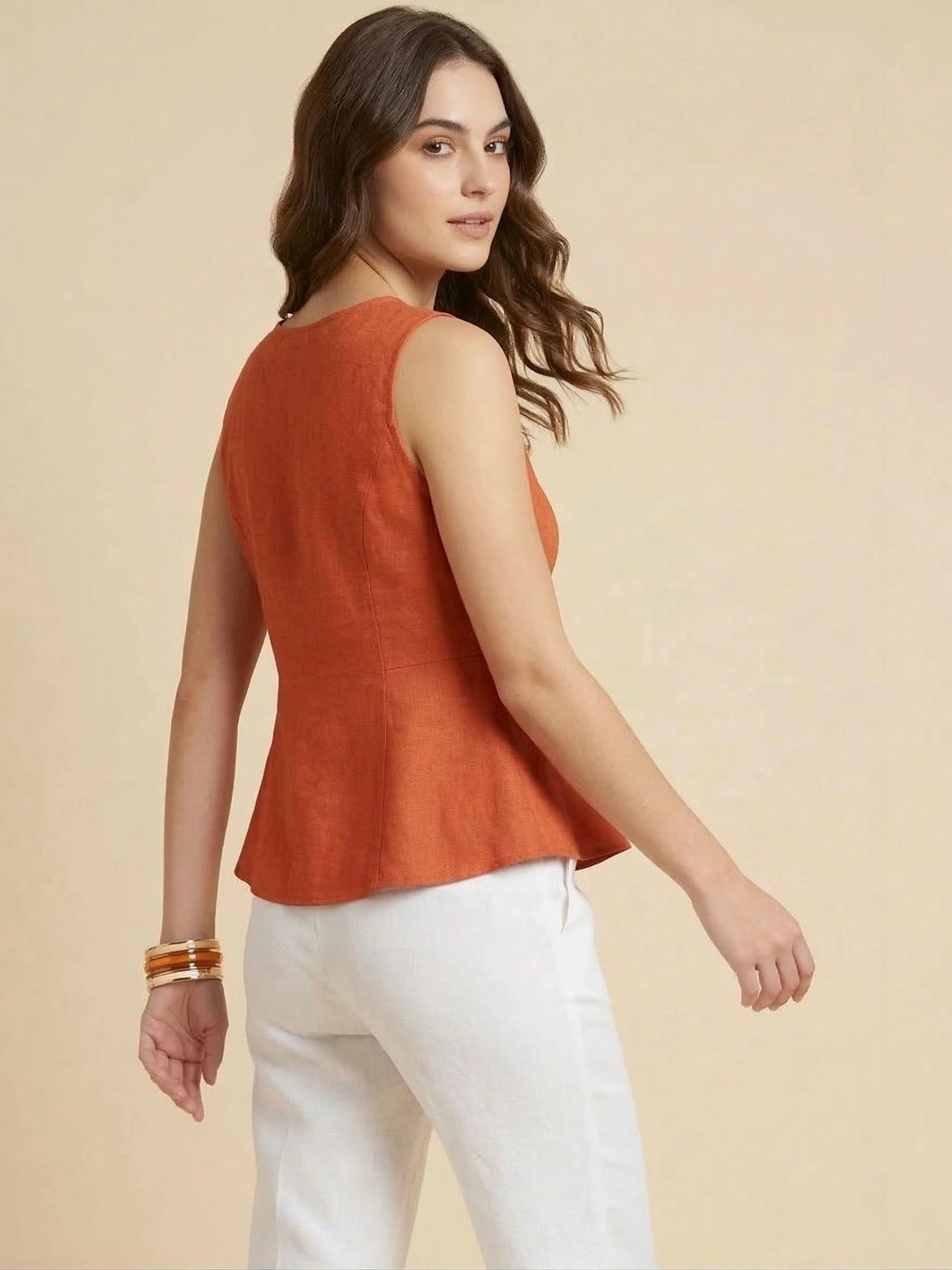 Rust Cotton Flax Panelled A-Line Top with Button-Down Placket
