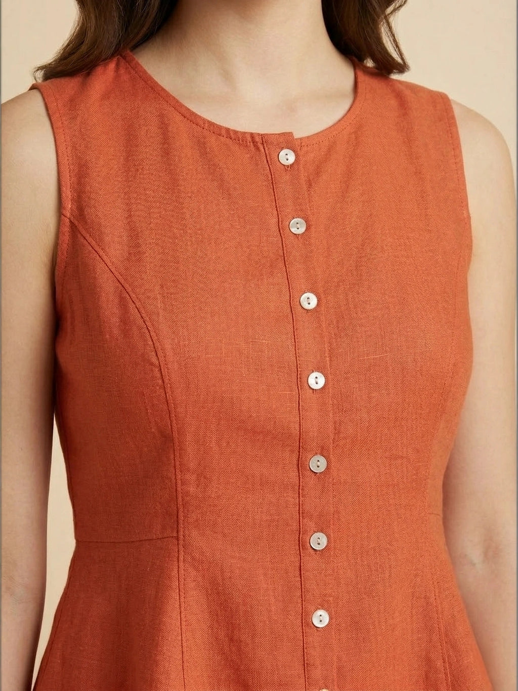 Rust Cotton Flax Panelled A-Line Top with Button-Down Placket