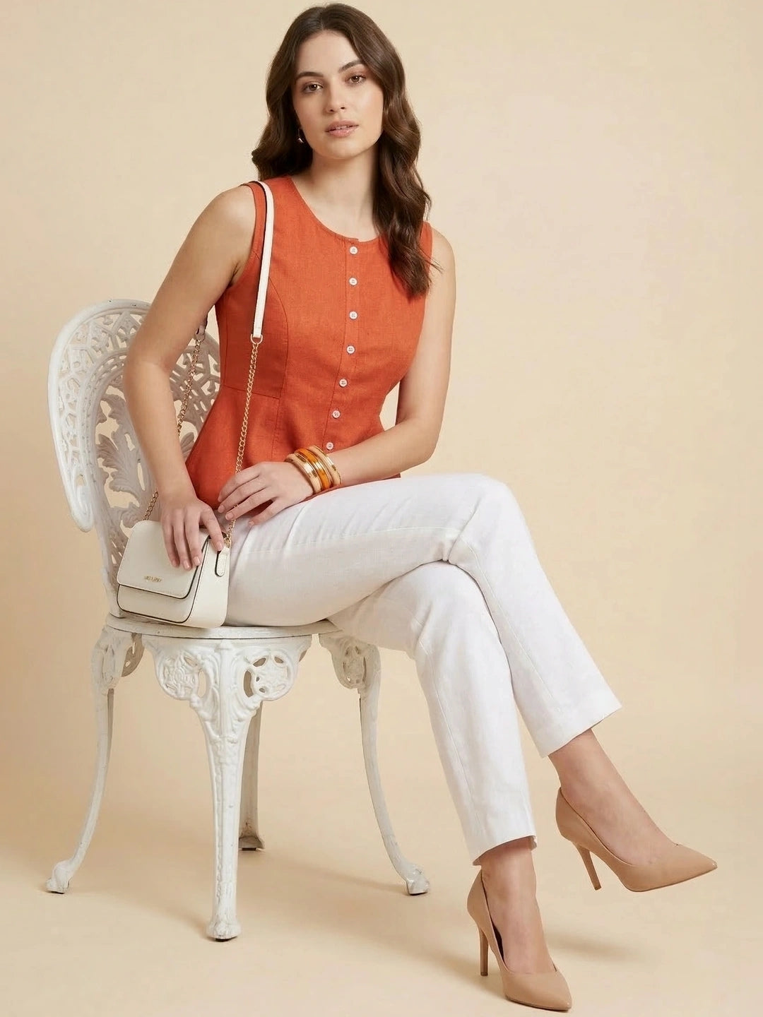 Rust Cotton Flax Panelled A-Line Top with Button-Down Placket