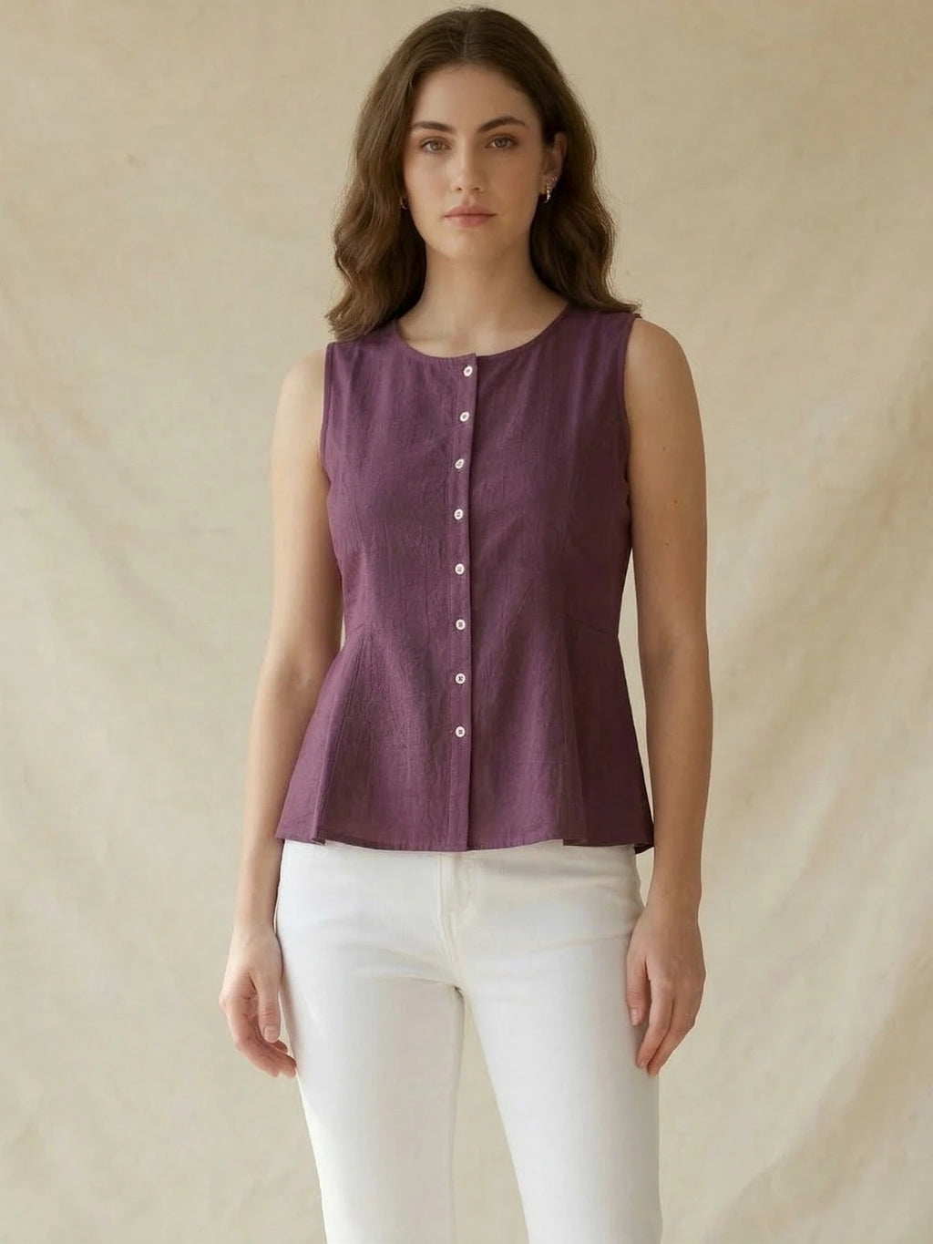 Purple Cotton Flax Panelled A-Line Top with Button-Down Placket