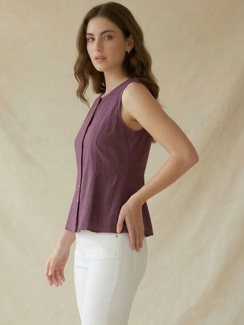 Purple Cotton Flax Panelled A-Line Top with Button-Down Placket