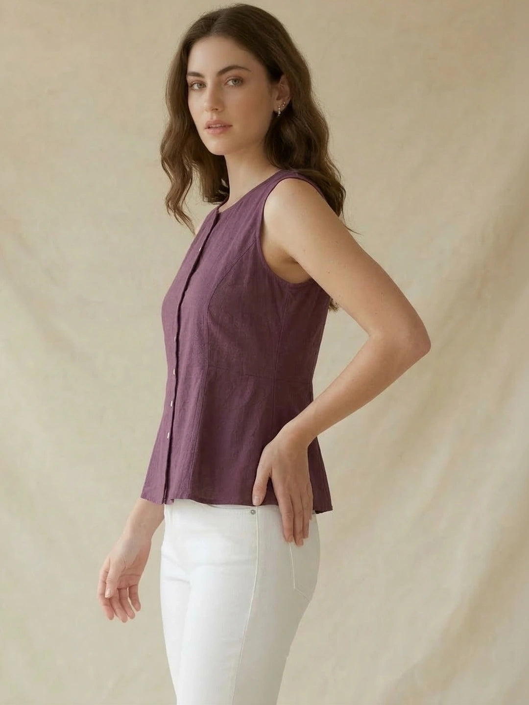 Purple Cotton Flax Panelled A-Line Top with Button-Down Placket