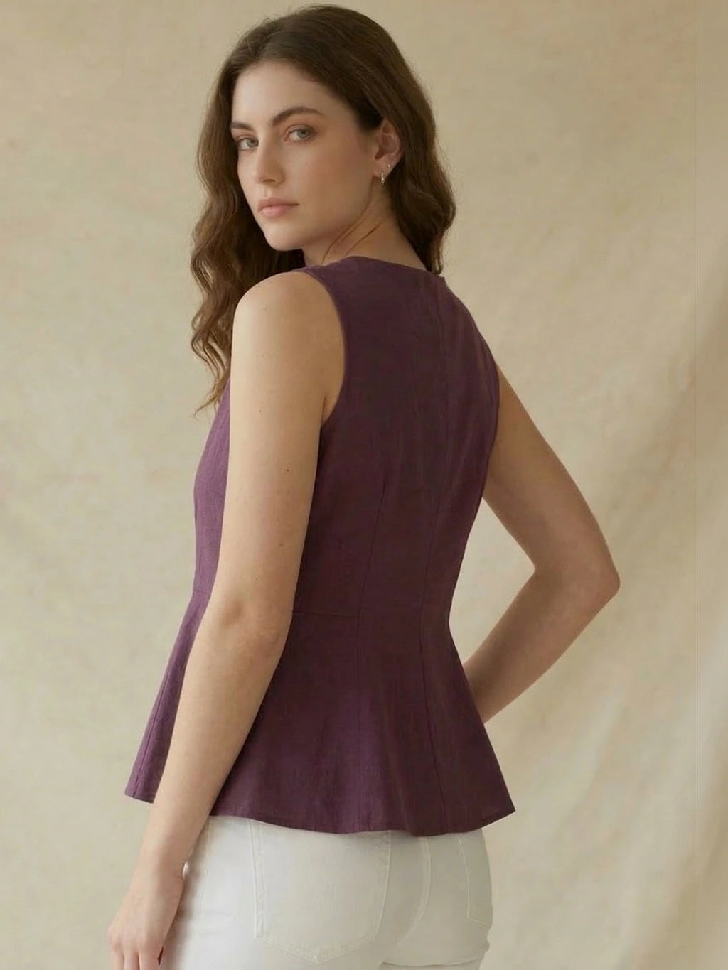 Purple Cotton Flax Panelled A-Line Top with Button-Down Placket