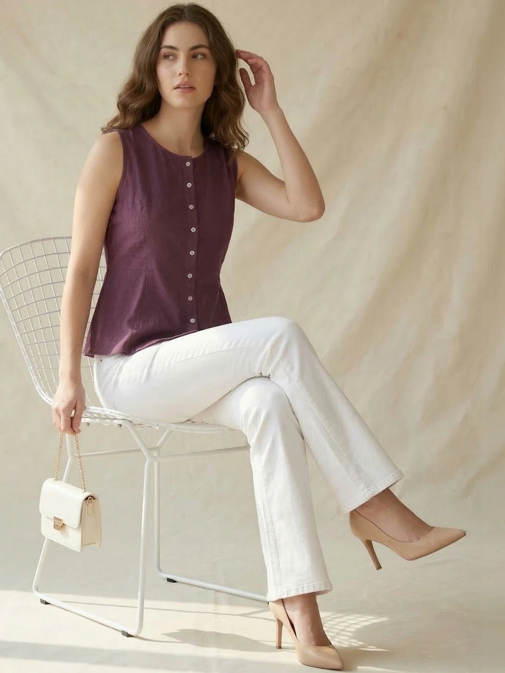 Purple Cotton Flax Panelled A-Line Top with Button-Down Placket