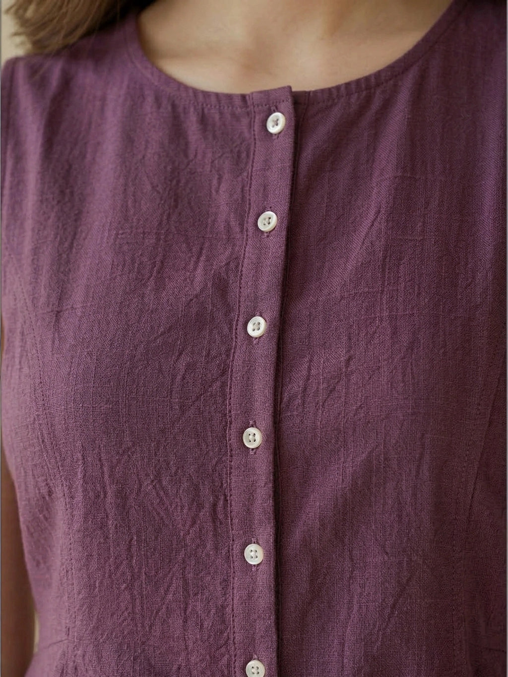 Purple Cotton Flax Panelled A-Line Top with Button-Down Placket