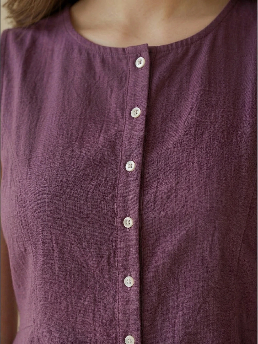 Purple Cotton Flax Panelled A-Line Top with Button-Down Placket