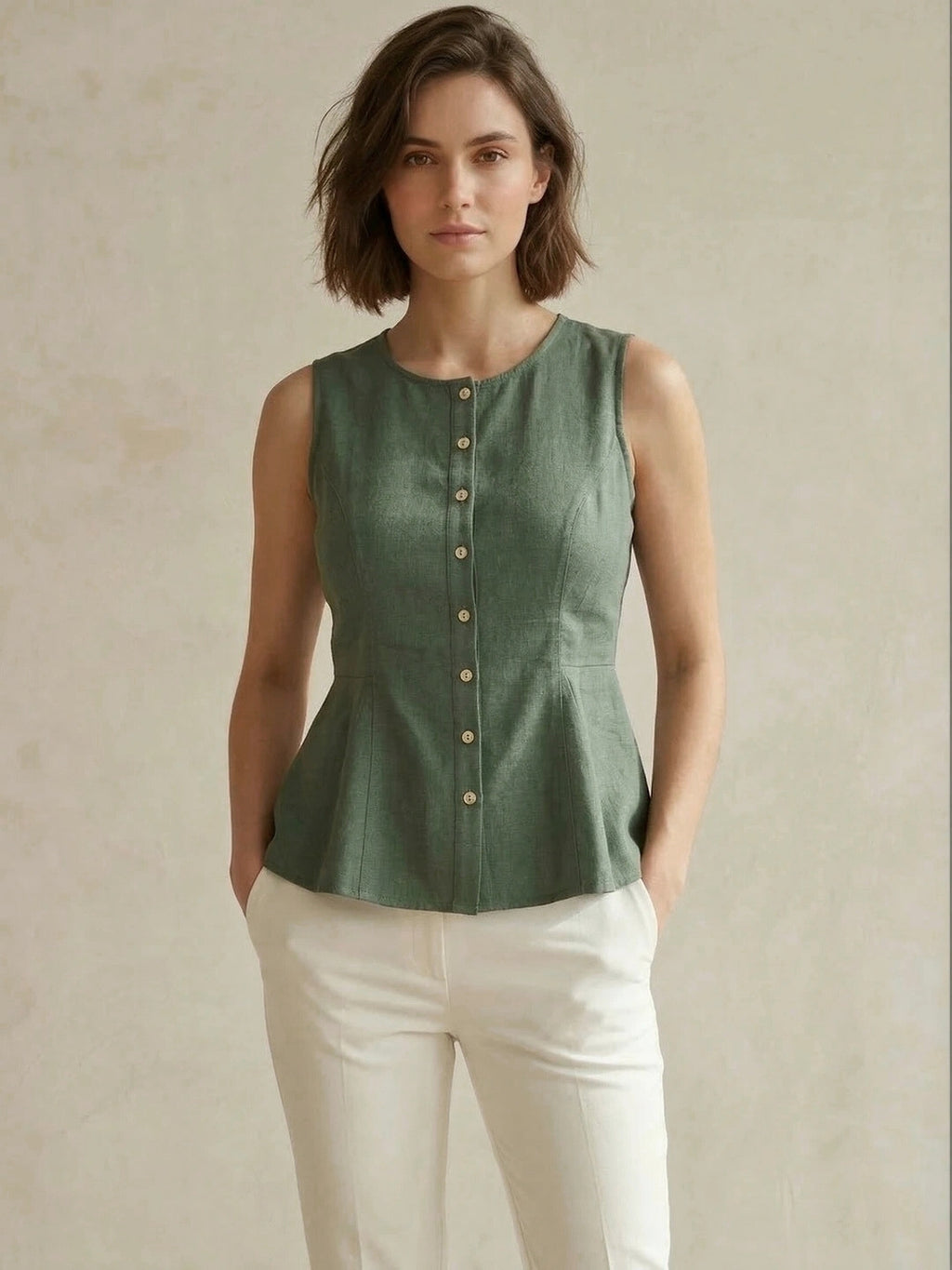 Green Cotton Flax Panelled A-Line Top with Button-Down Placket