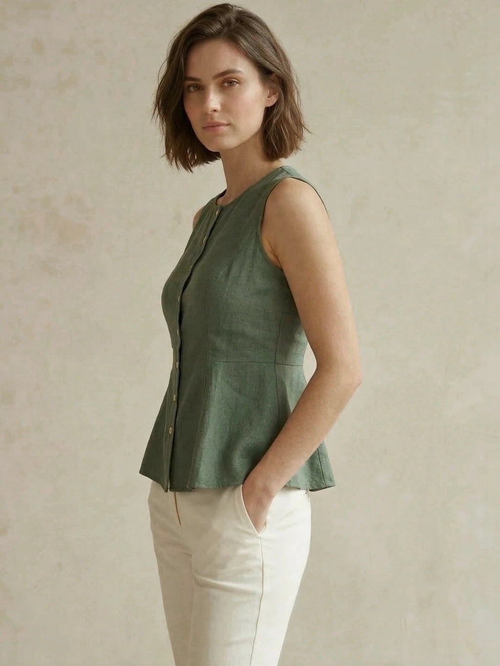 Green Cotton Flax Panelled A-Line Top with Button-Down Placket