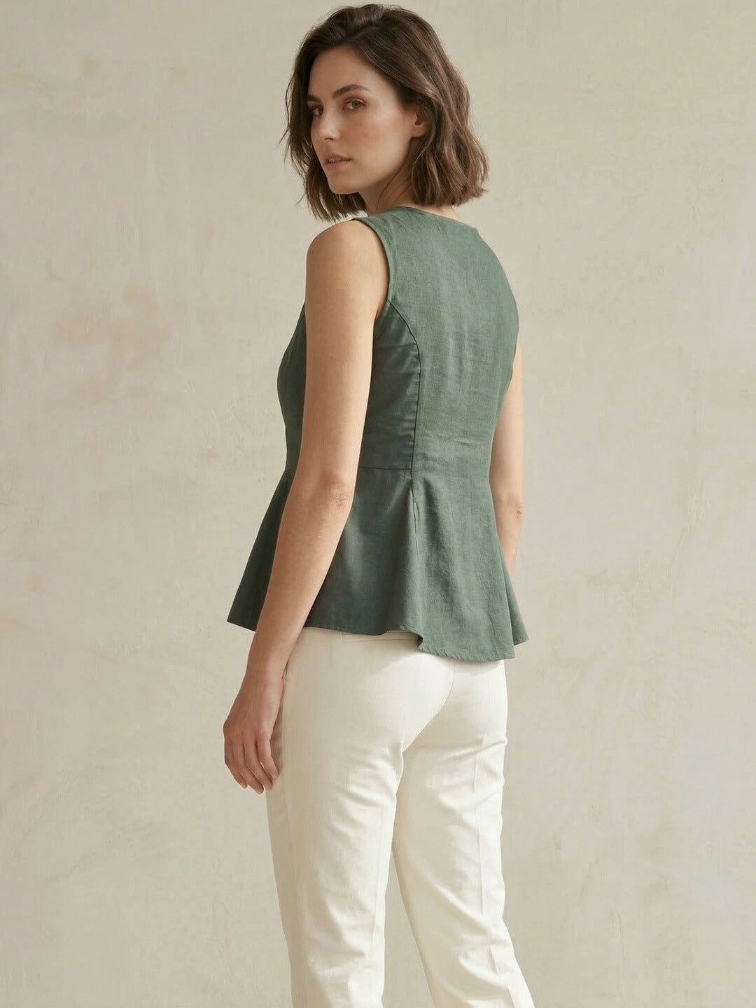Green Cotton Flax Panelled A-Line Top with Button-Down Placket
