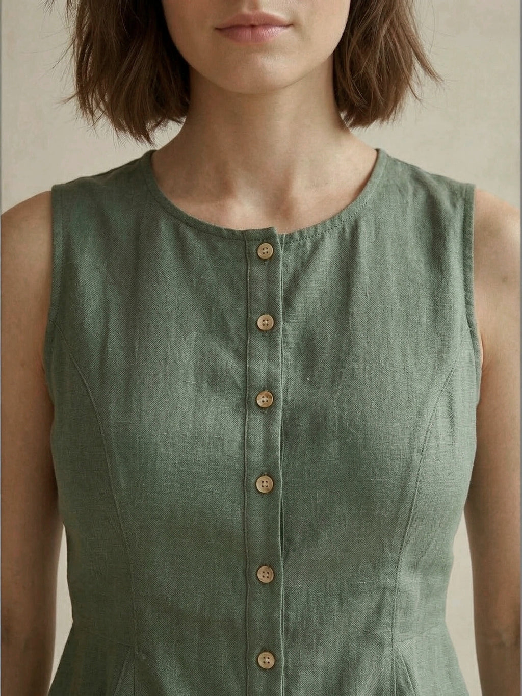 Green Cotton Flax Panelled A-Line Top with Button-Down Placket