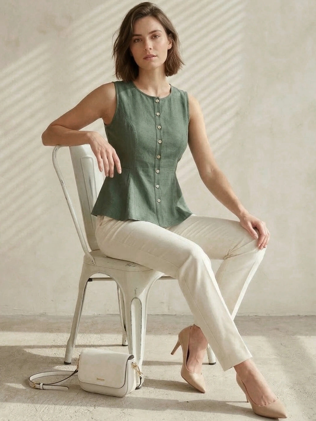 Green Cotton Flax Panelled A-Line Top with Button-Down Placket