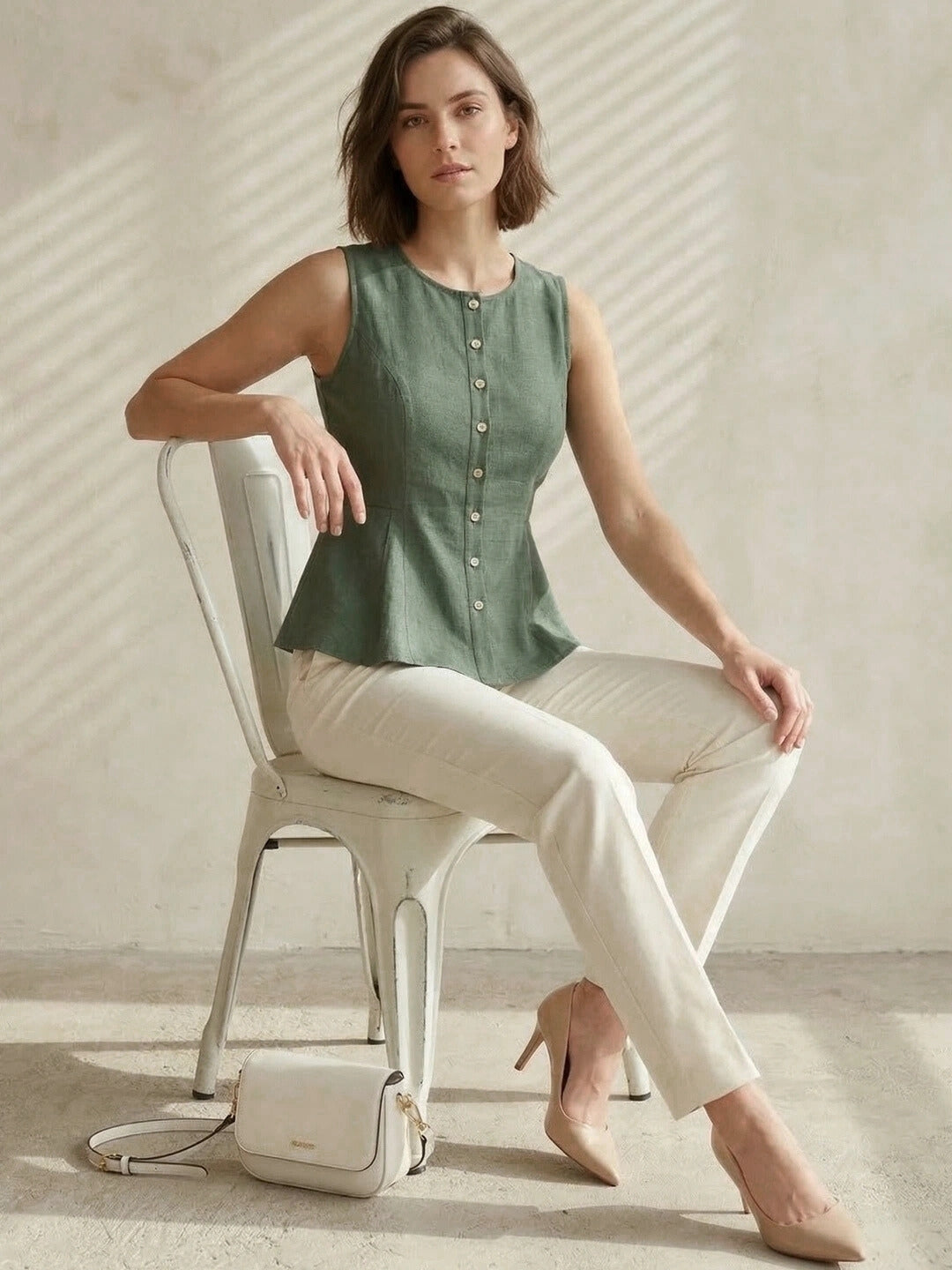 Green Cotton Flax Panelled A-Line Top with Button-Down Placket