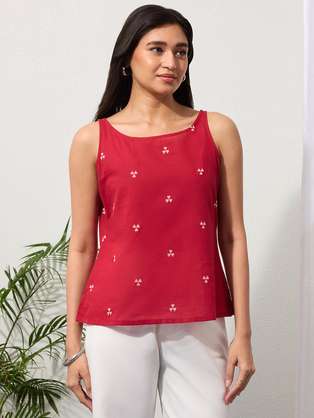 Cherry Red Woven Design Cotton Top