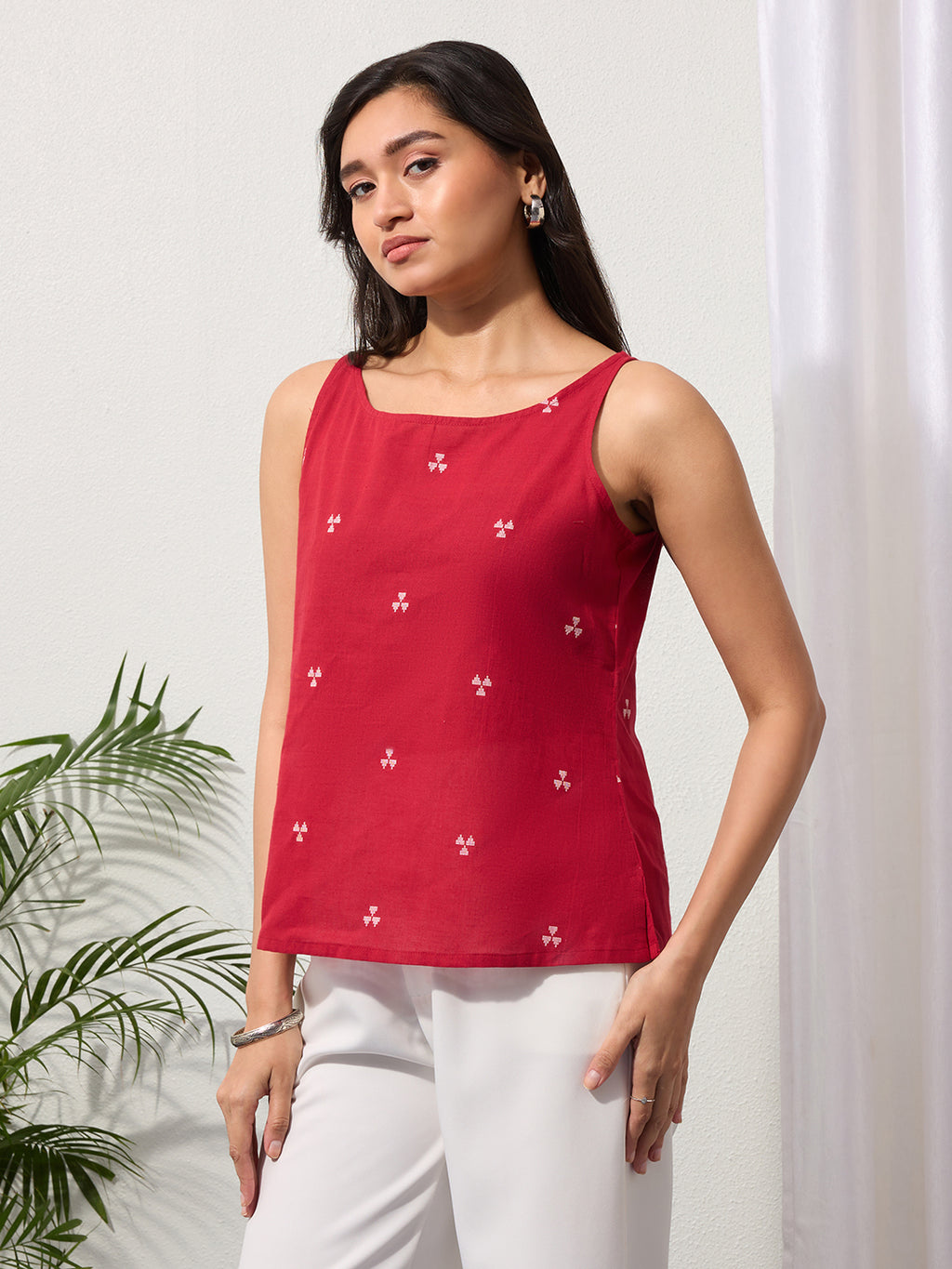 Cherry Red Woven Design Cotton Top