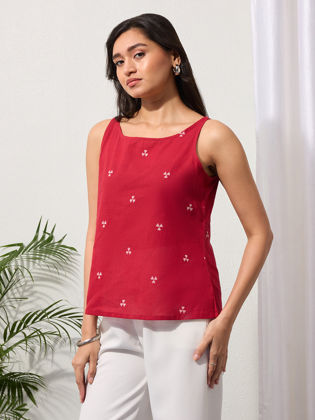 Cherry Red Woven Design Cotton Top