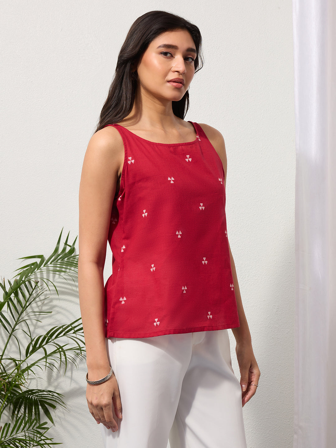 Cherry Red Woven Design Cotton Top