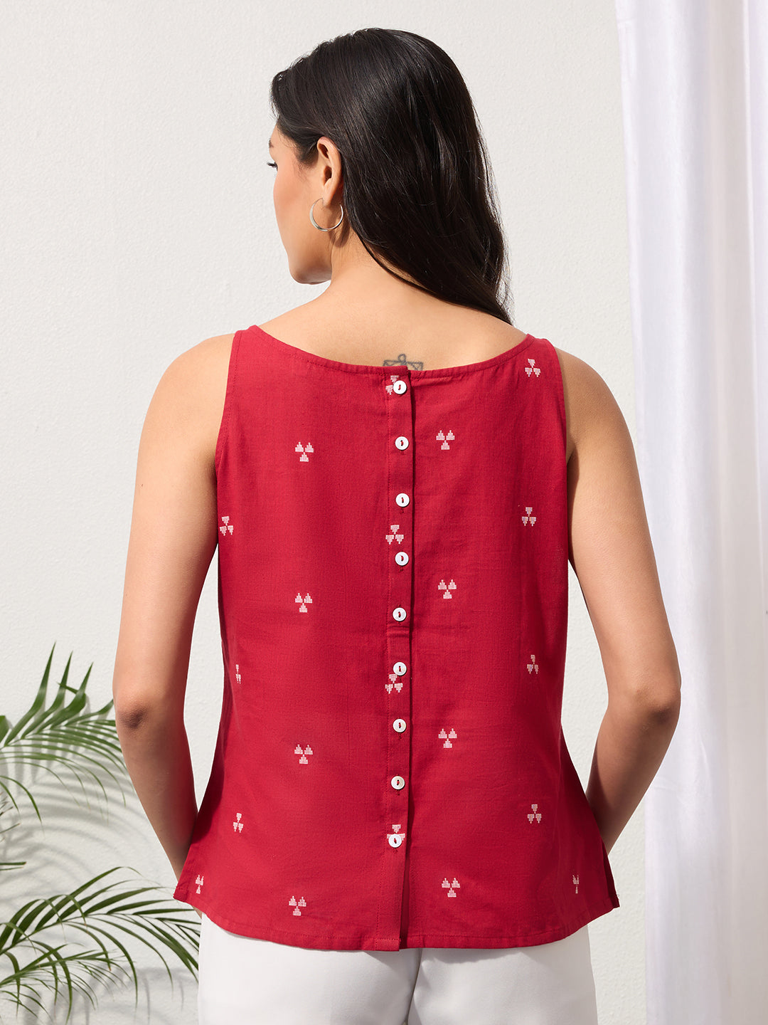 Cherry Red Woven Design Cotton Top