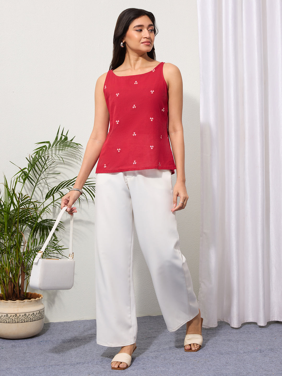 Cherry Red Woven Design Cotton Top