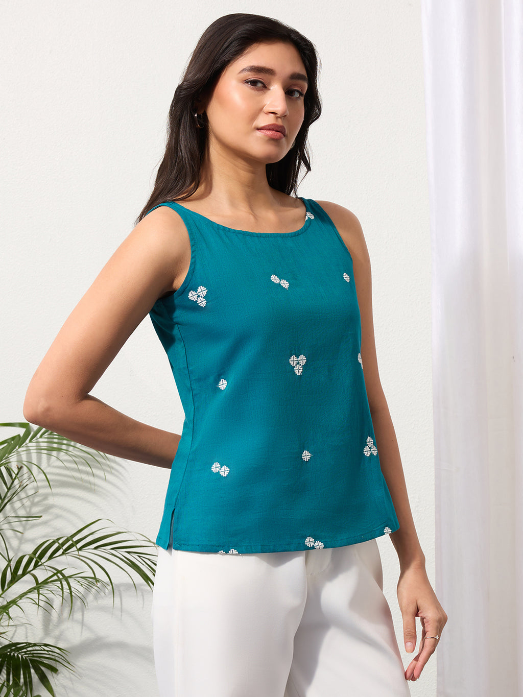 Ocean Teal Woven Design Cotton Top