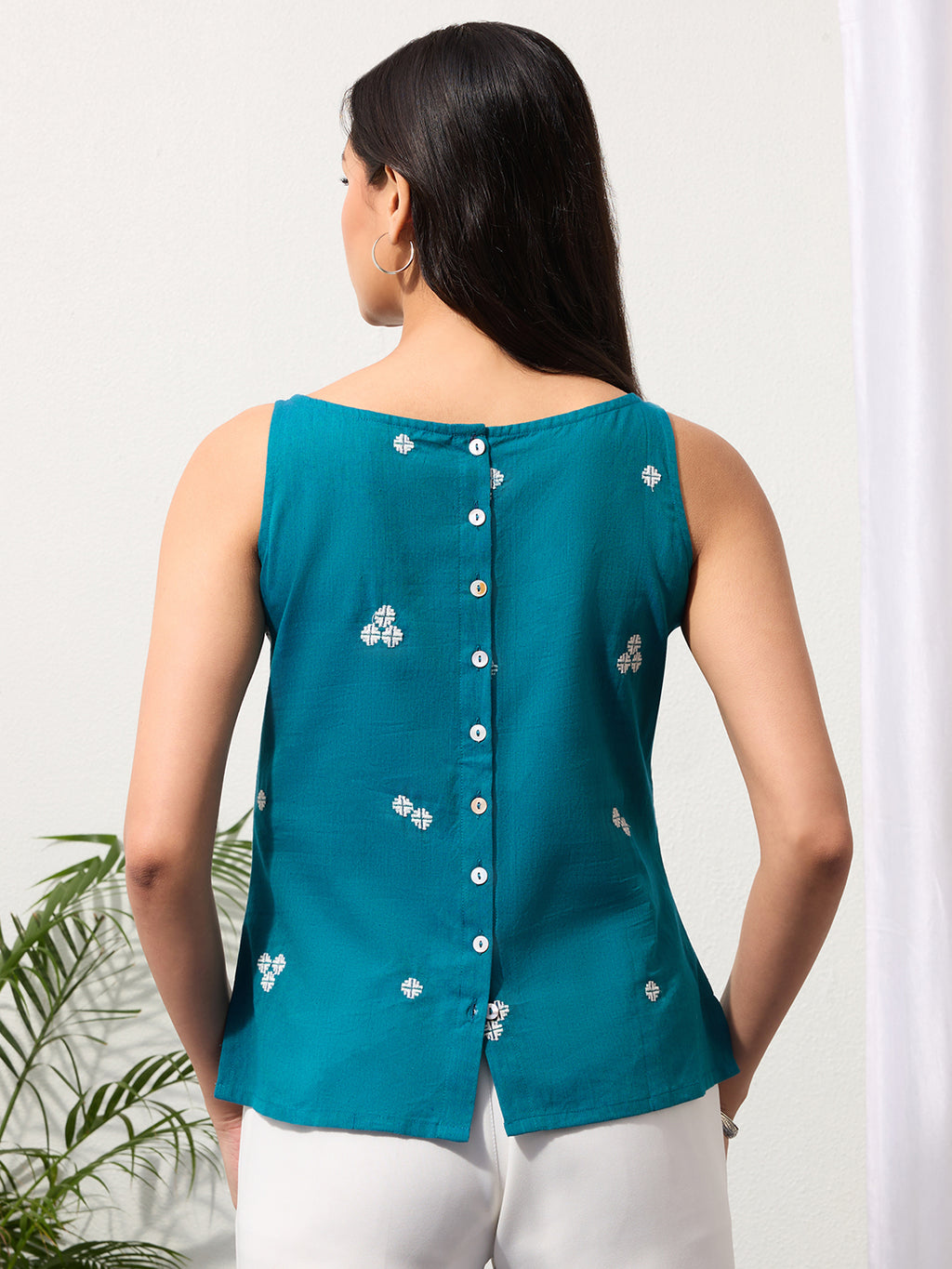 Ocean Teal Woven Design Cotton Top