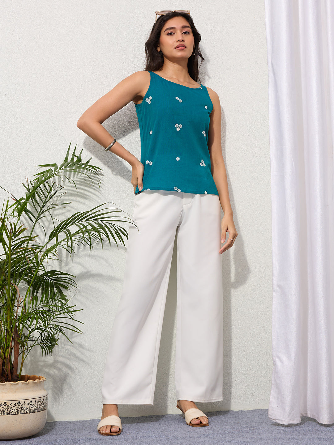 Ocean Teal Woven Design Cotton Top