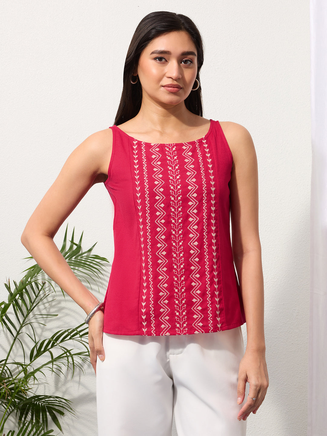 Berry Red Cotton Linen Embroidered Top