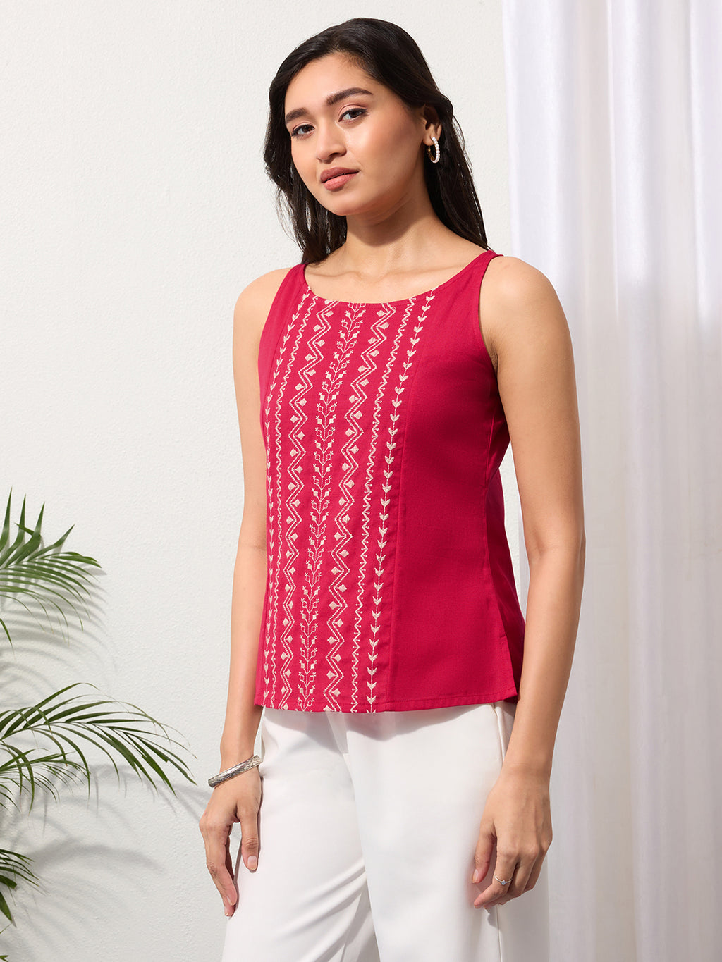 Berry Red Cotton Linen Embroidered Top