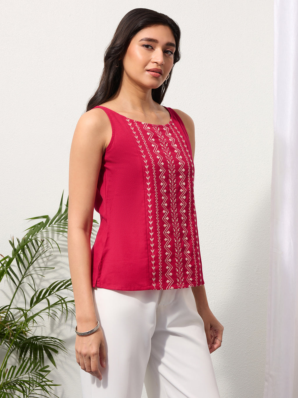 Berry Red Cotton Linen Embroidered Top