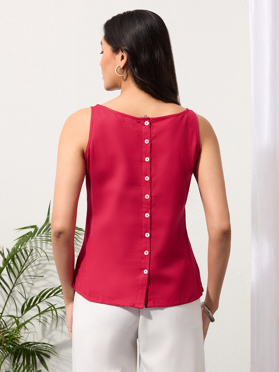Berry Red Cotton Linen Embroidered Top