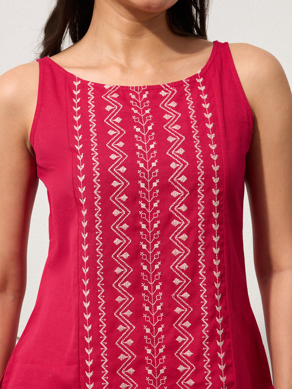 Berry Red Cotton Linen Embroidered Top