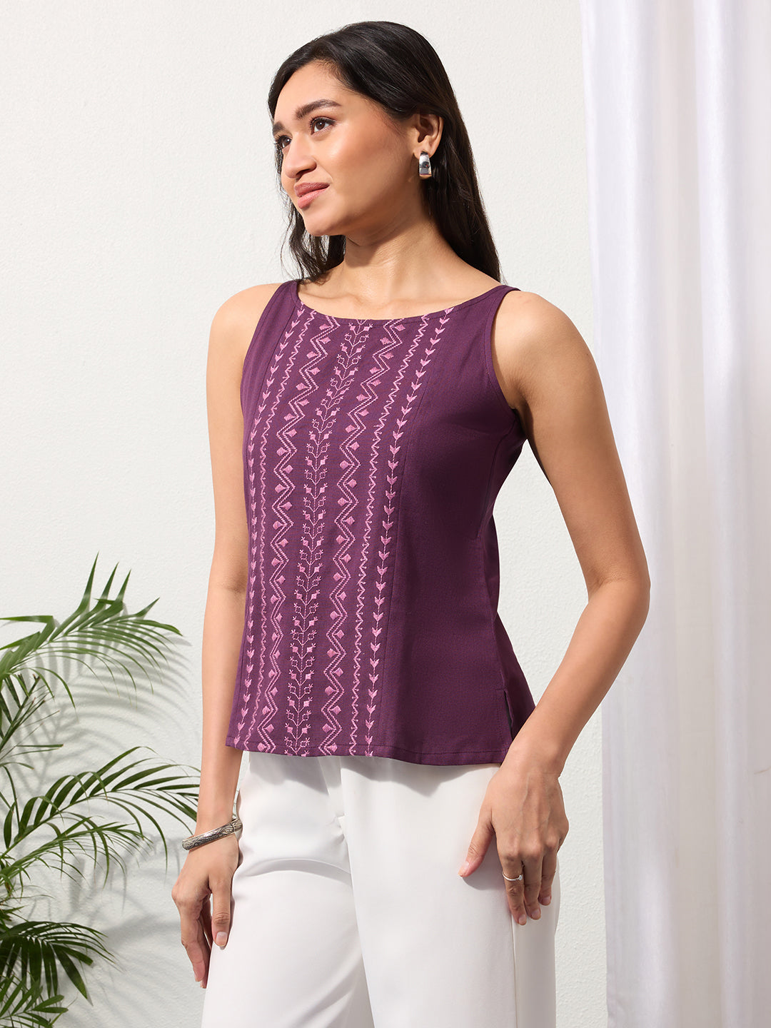 Imperial Purple Cotton Linen Embroidered Top