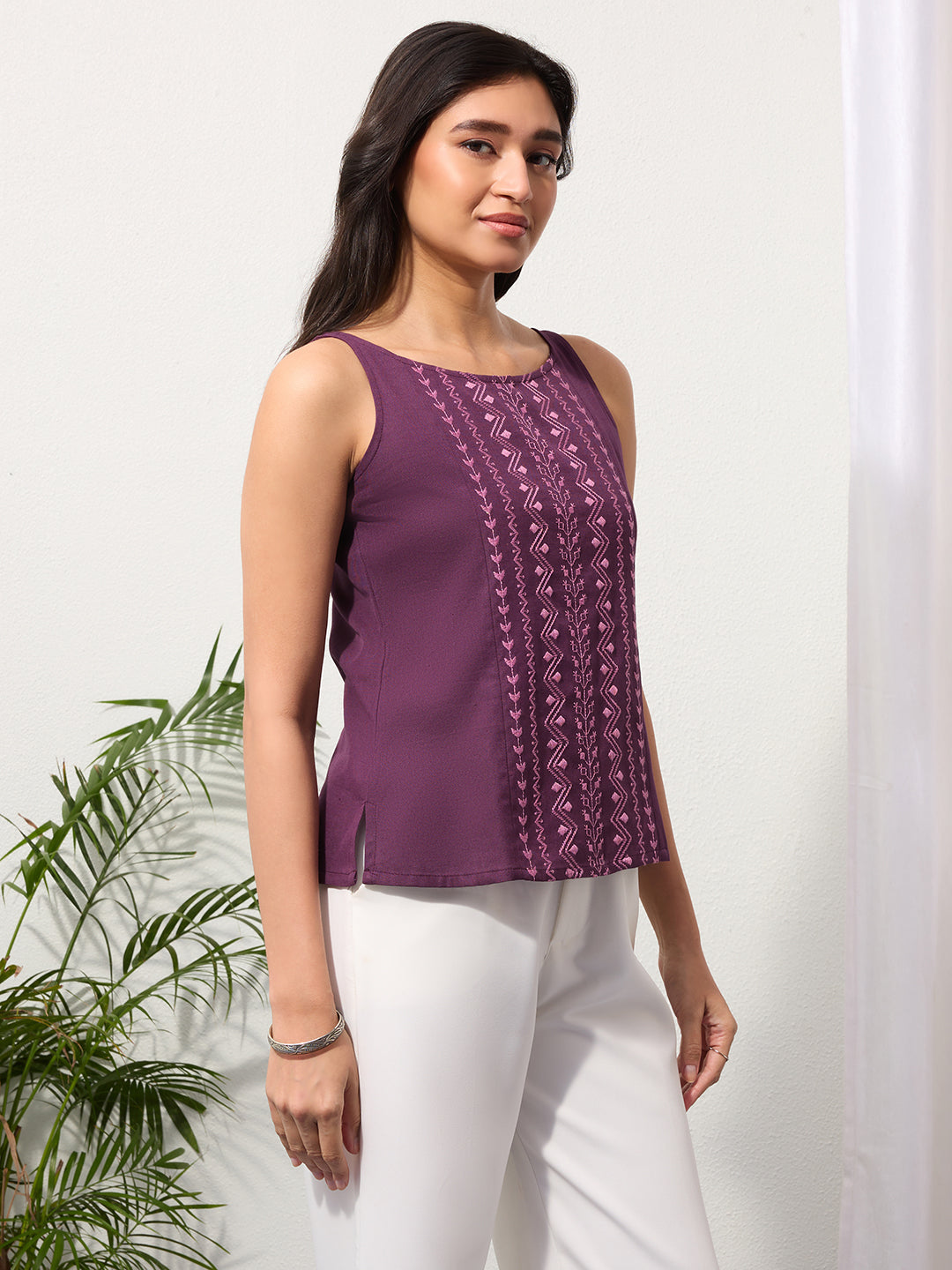 Imperial Purple Cotton Linen Embroidered Top